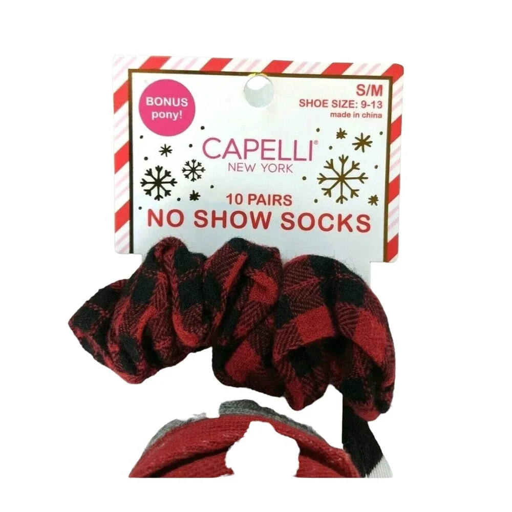 NWT - Capelli NY 10 Pr Girls Christmas Print No Show Socks + Hair Scrunchy  S/M